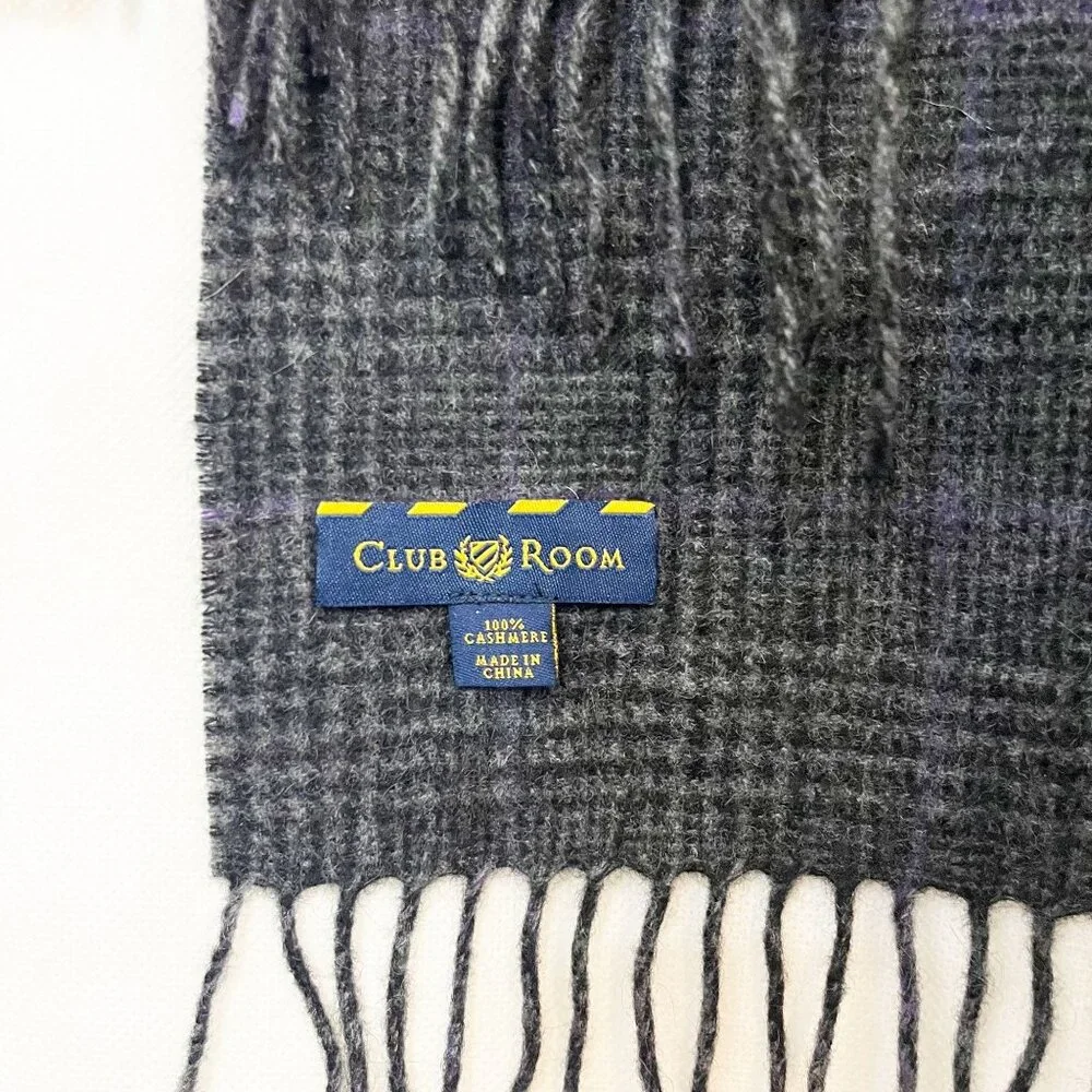 Club Room Men's Gray Plaid Cashmere Scarf Fringe Trim‎